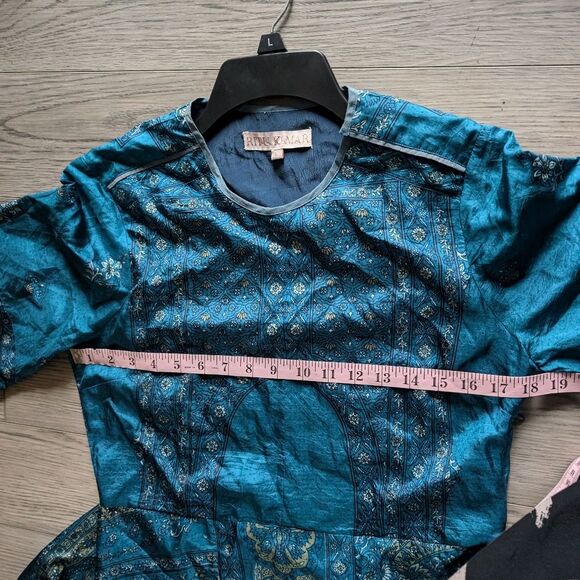 Ritu Kumar 100% Silk Paisley Floral Indian Blue Dress Size Large - Picture 9 of 10